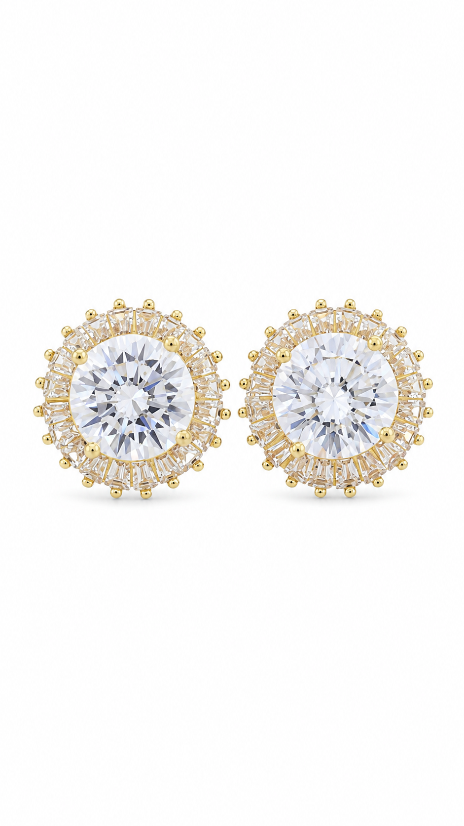 Gold Round CZ Baguette Halo Stud Earrings for Women