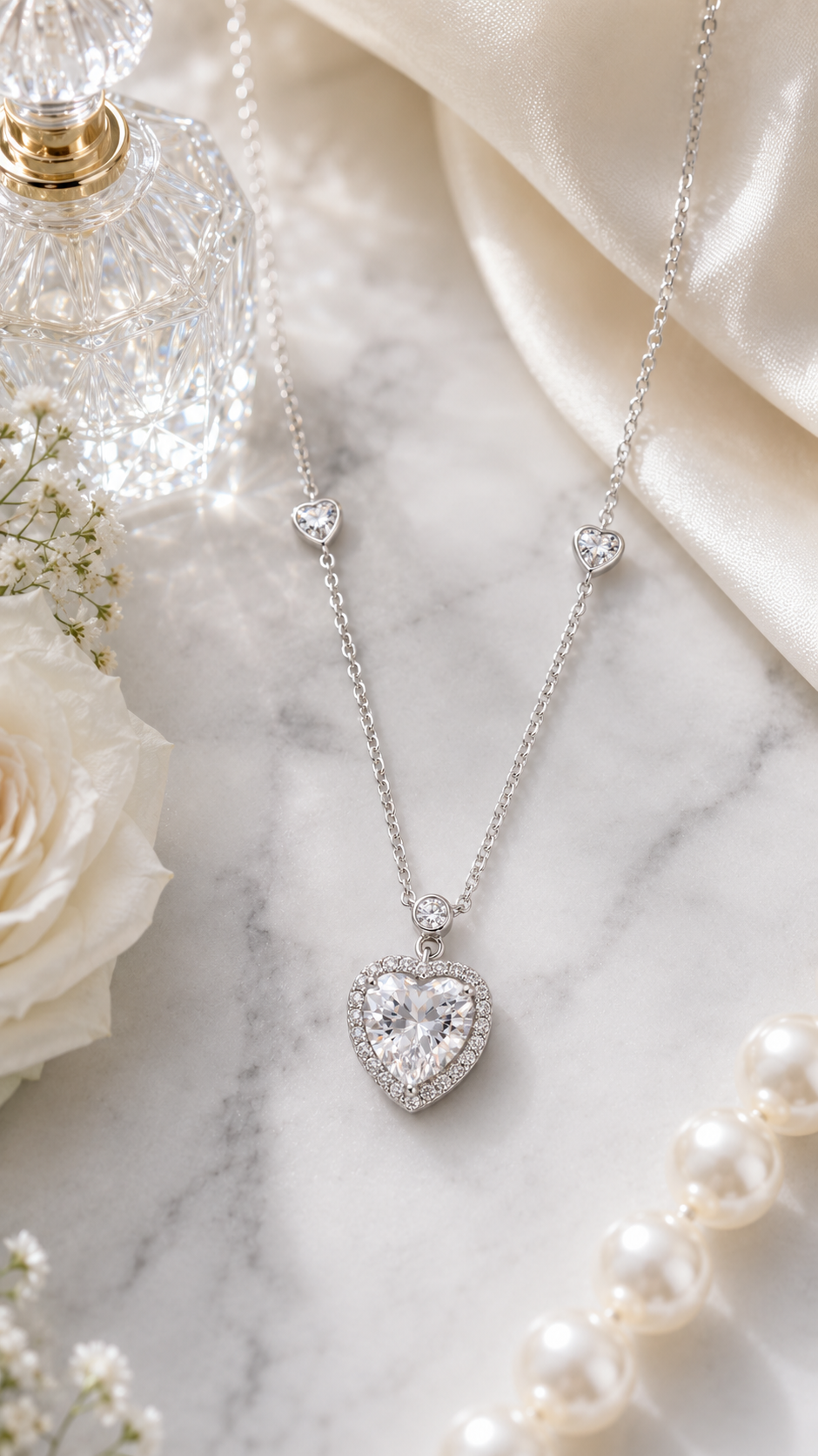 Elegant Silver Heart Halo Pendant Necklace