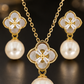 Elegant Gold Mother of Pearl Clover Pearl Drop Pendant Necklace & Earrings Jewelry Set