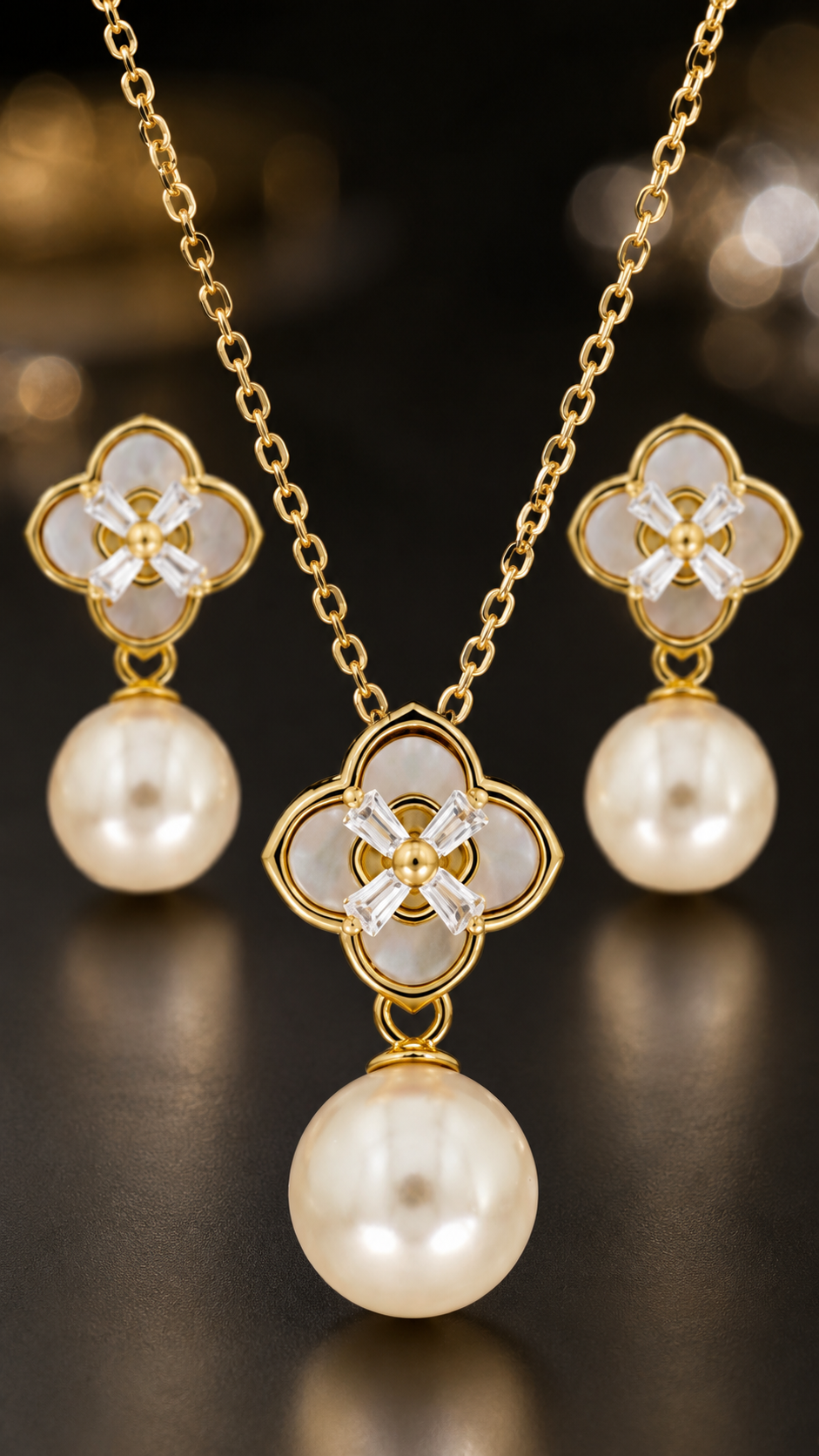 Elegant Gold Mother of Pearl Clover Pearl Drop Pendant Necklace & Earrings Jewelry Set
