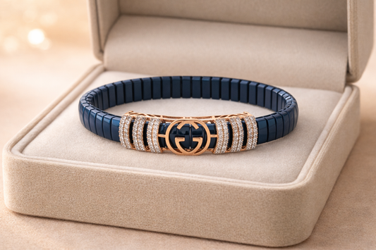 Regalia Crest Signature Bracelet in Deep Blue Enamel, Rose Gold & Diamond Accents