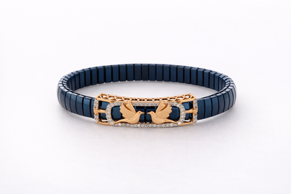 Celestial Wing Embrace Bracelet in Deep Blue Enamel, Rose Gold & Diamond Pavé