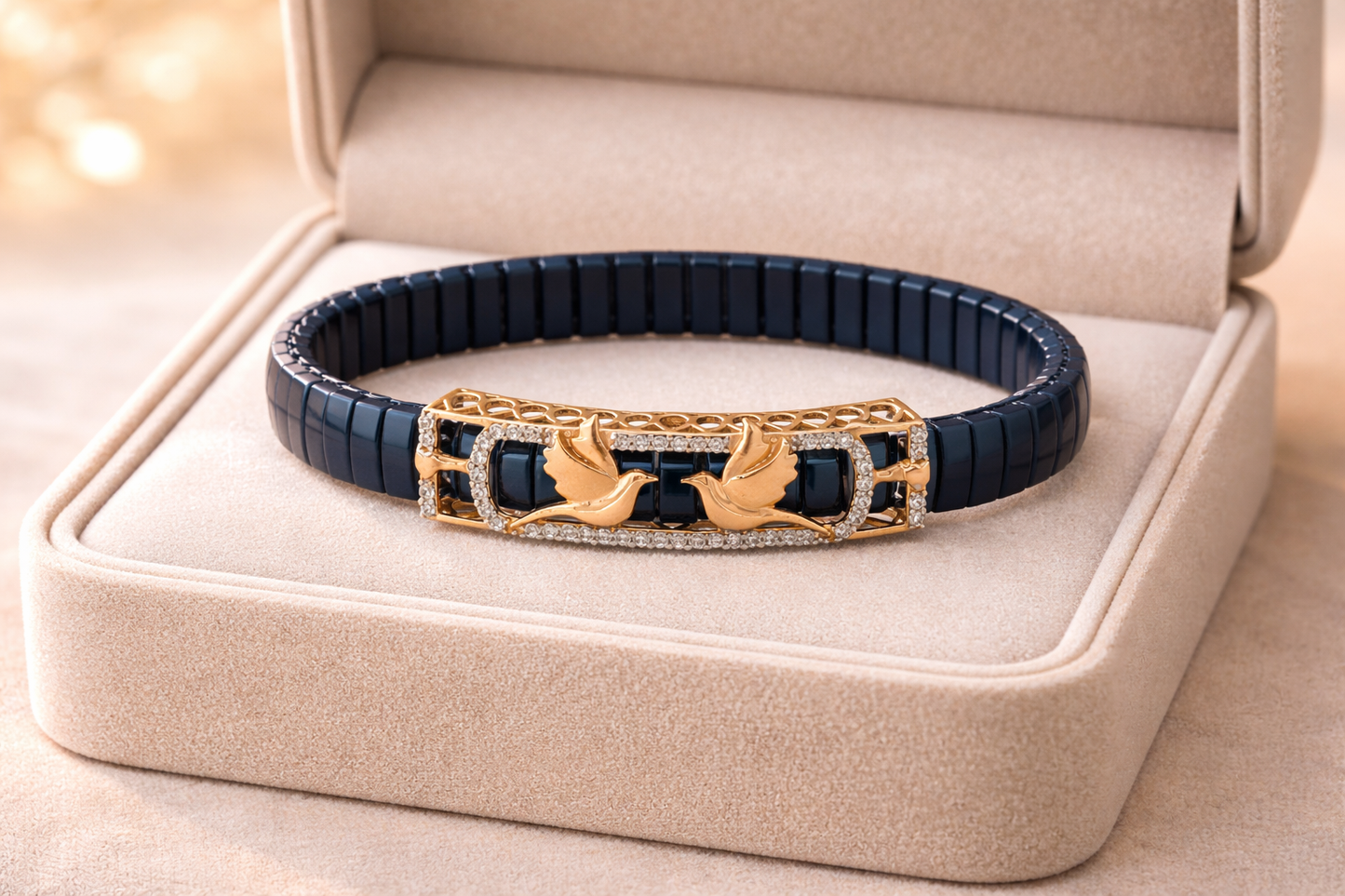 Celestial Wing Embrace Bracelet in Deep Blue Enamel, Rose Gold & Diamond Pavé