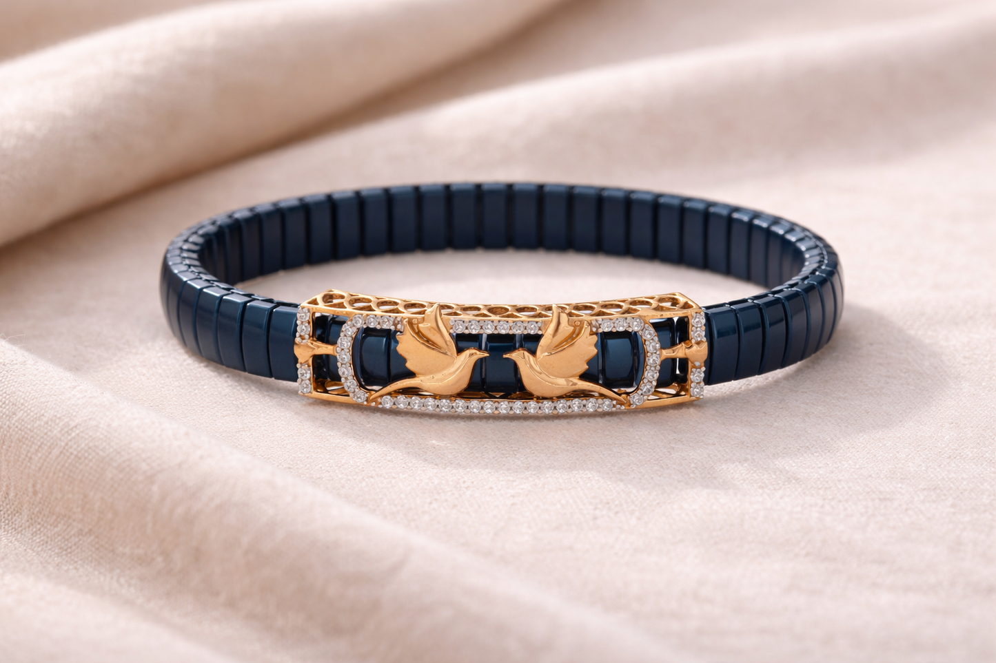 Celestial Wing Embrace Bracelet in Deep Blue Enamel, Rose Gold & Diamond Pavé