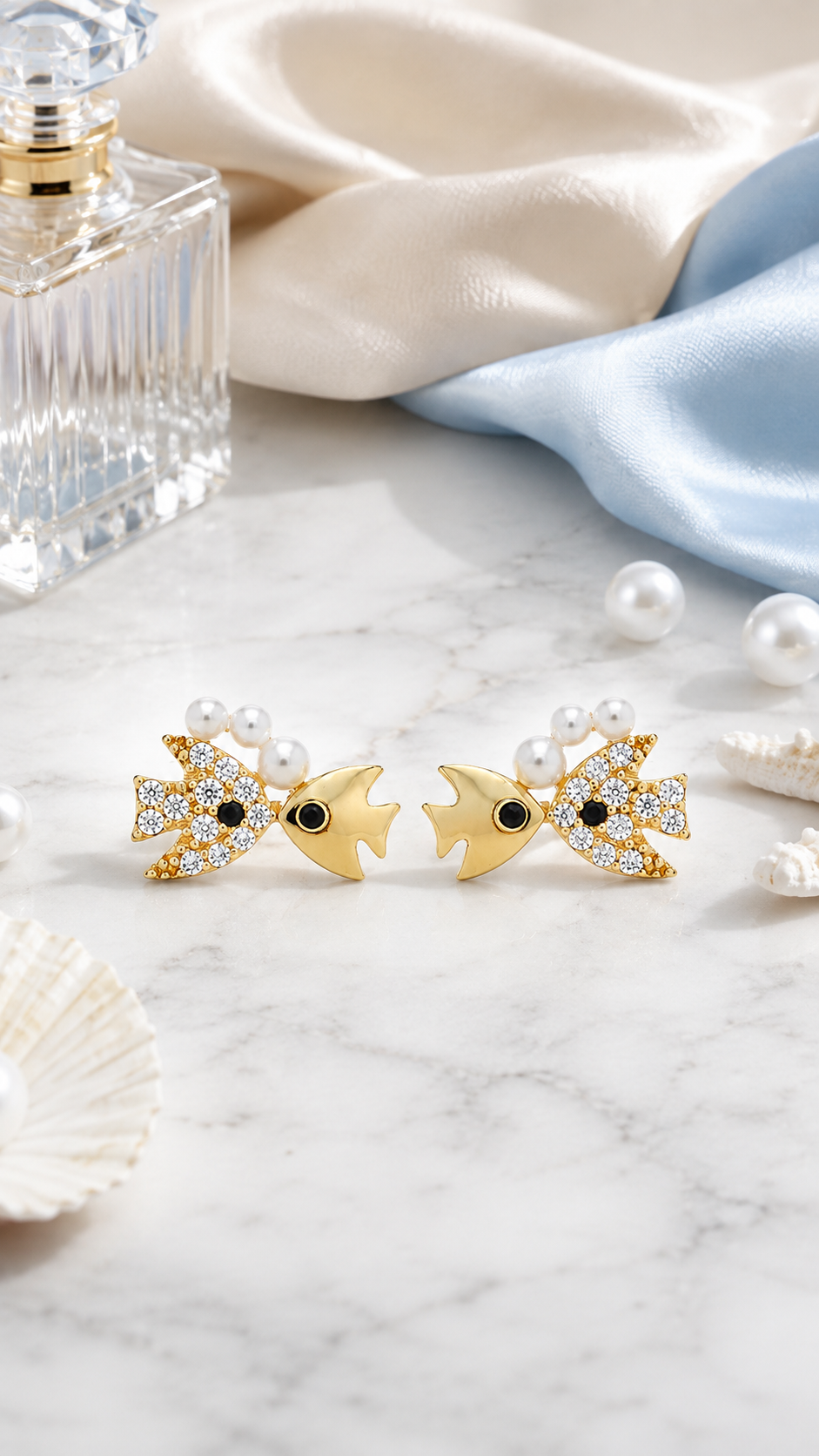 Elegant Gold-Plated Double Fish CZ & Pearl Stud Earrings for Women
