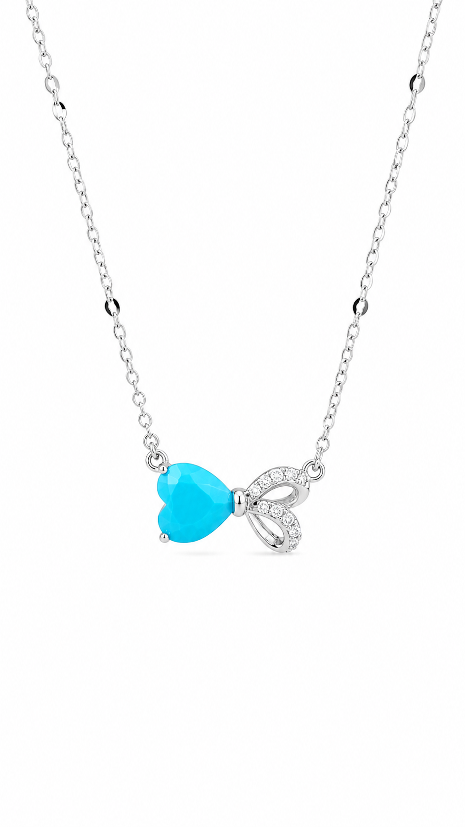 Elegant Silver Blue Heart Bow Pendant Necklace
