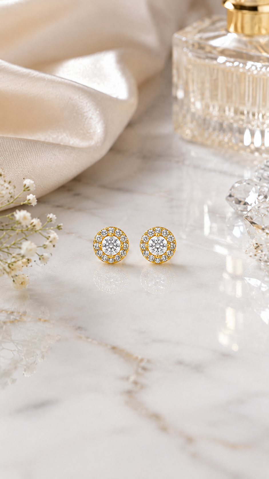 Gold Round CZ Halo Stud Earrings for Women
