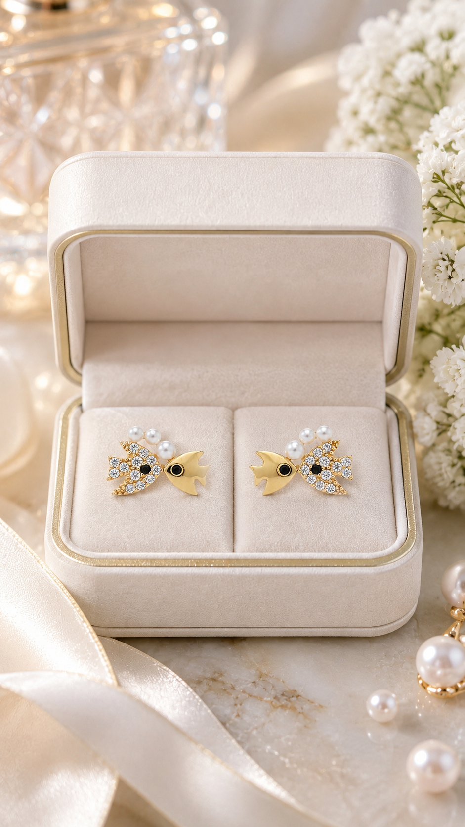 Elegant Gold-Plated Double Fish CZ & Pearl Stud Earrings for Women