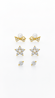 Pearl Bow, Floral Solitaire Earrings Set - Aaryahi Silver jewellery product photo