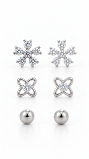 Flower, Clover & Ball Stud Earrings Set - Aaryahi Silver jewellery product photo