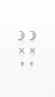 Crescent Moon, Four Point Star Ball Earrings Set – 3 Pairs - Aaryahi Silver jewellery product photo