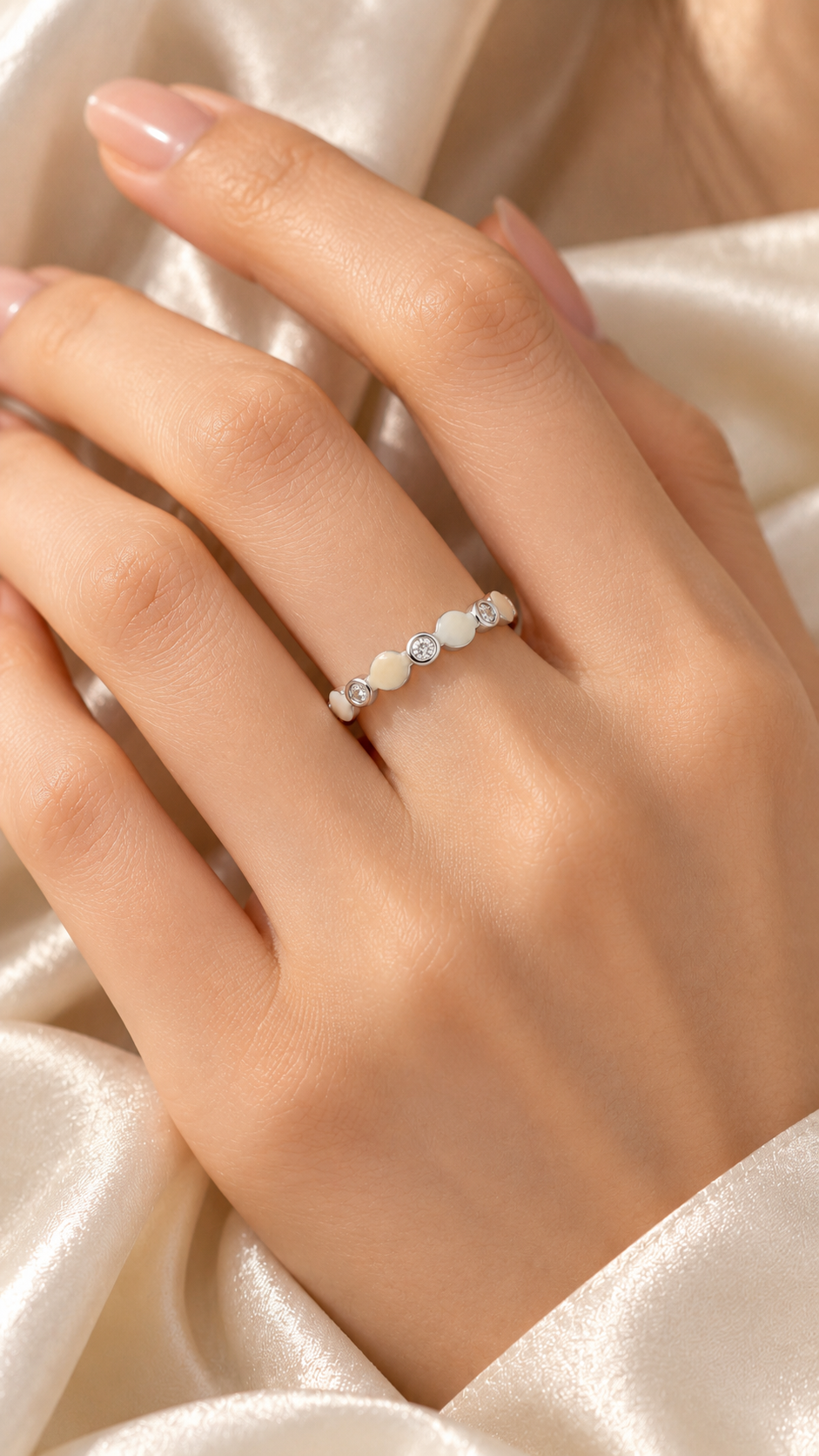 Silver Mother of Pearl CZ Adjustable Ring