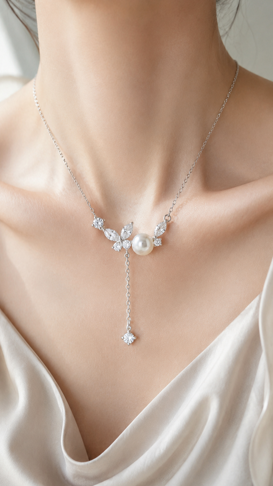 Elegant Pearl & Marquise CZ Drop Necklace