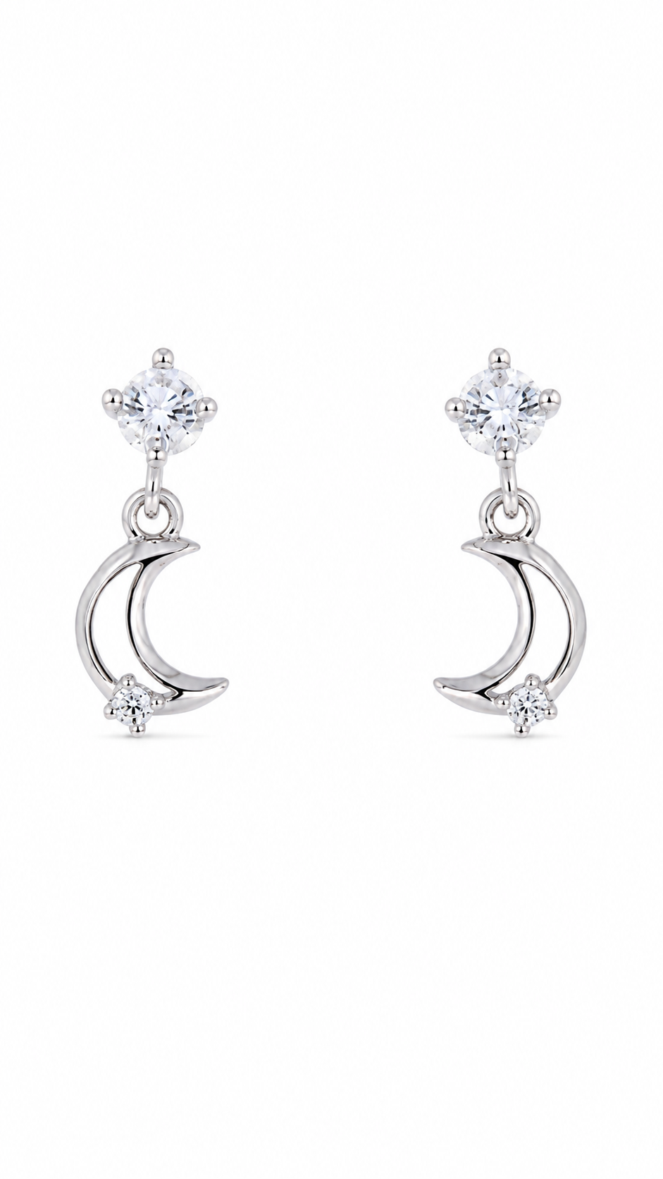 Silver Crescent Moon CZ Drop Earrings