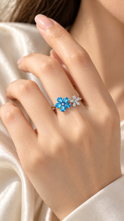 Silver Blue CZ Double Flower Adjustable Ring