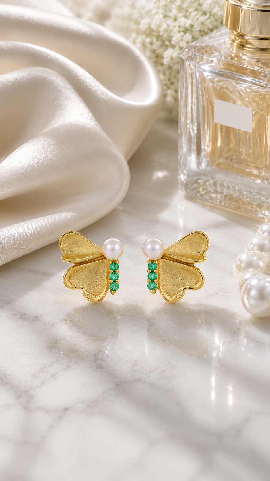 Elegant Gold Pearl & Green CZ Butterfly Stud Earrings