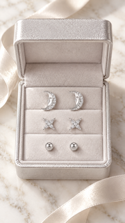 Crescent Moon, Four Point Star Ball Earrings Set – 3 Pairs - Aaryahi Silver jewellery product photo