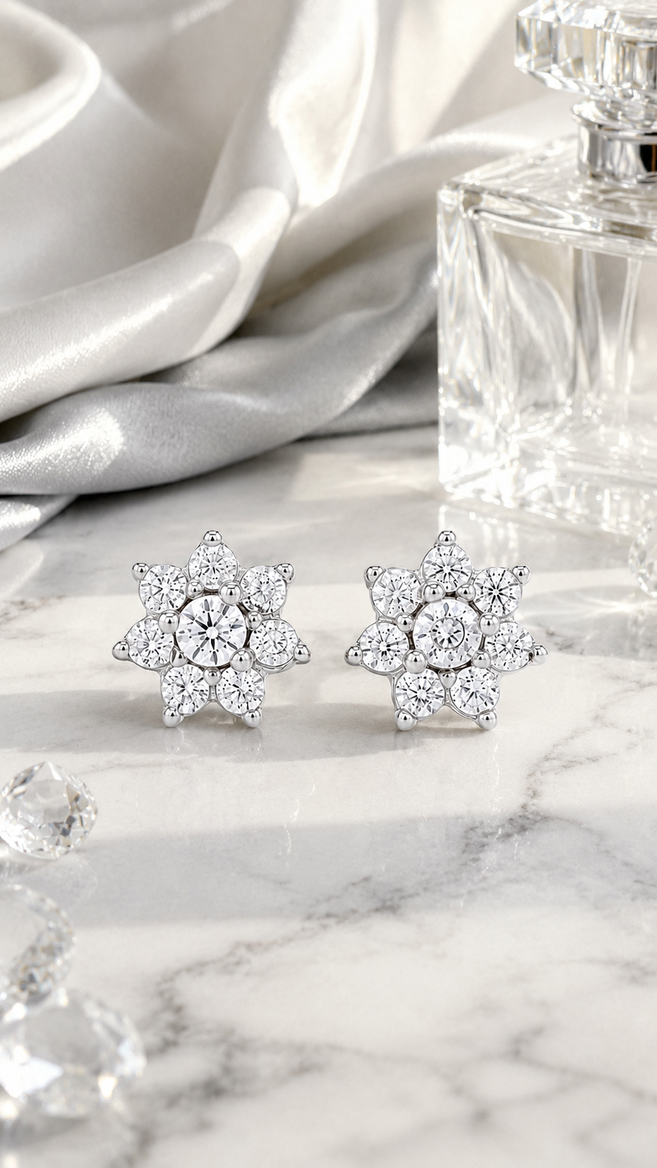 Silver CZ Floral Cluster Stud Earrings for Women