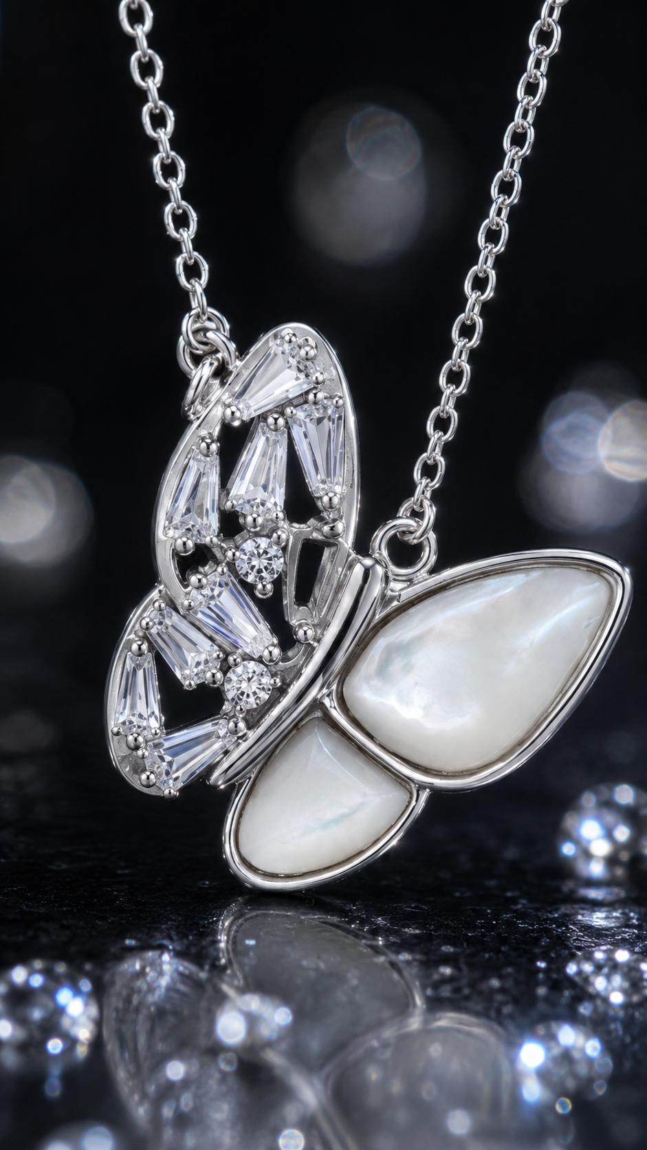Elegant Silver Mother of Pearl & CZ Butterfly Pendant Necklace