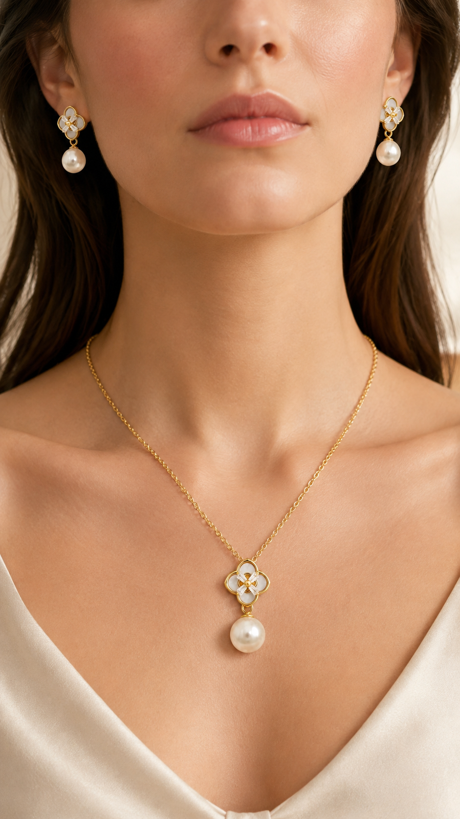 Elegant Gold Mother of Pearl Clover Pearl Drop Pendant Necklace & Earrings Jewelry Set