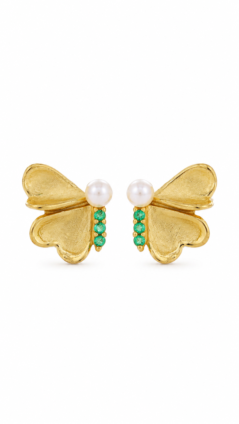 Elegant Gold Pearl & Green CZ Butterfly Stud Earrings
