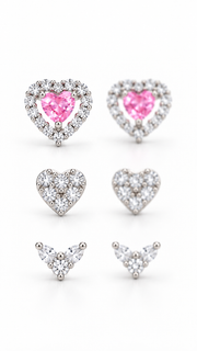 Pink Heart Halo, CZ Heart & Three Stone Stud Earrings Set - Aaryahi Silver jewellery product photo