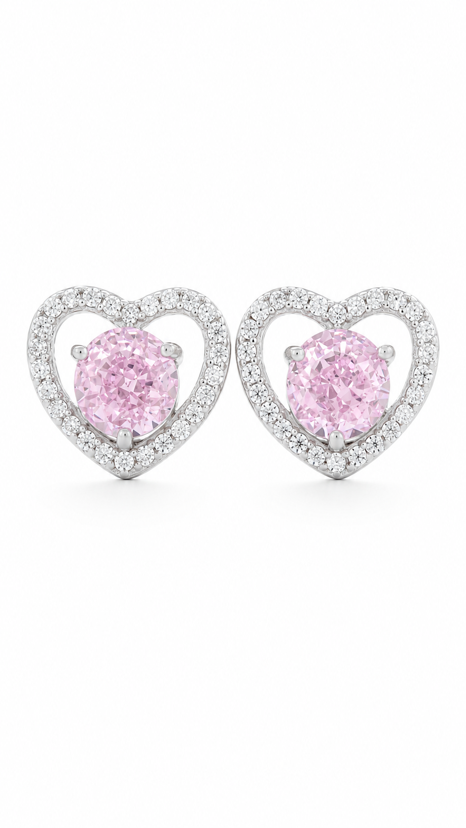 Elegant Silver Pink Heart Halo Stud Earrings