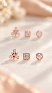 Floral , Square Round Solitaire Stud Earrings Set - Aaryahi Silver jewellery product photo