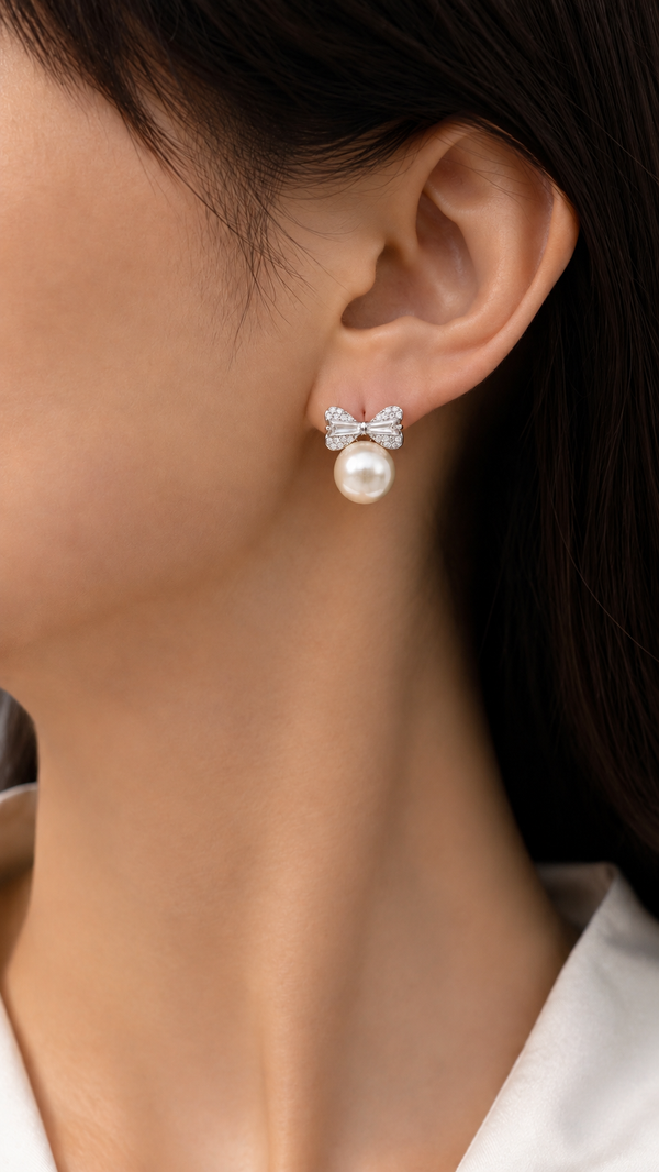 Bow & Pearl Earrings - Aaryahi Silver jewellery product photo
