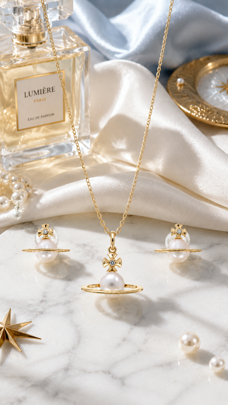Elegant Gold Planet Pearl Pendant Necklace & Stud Earrings Jewelry Set