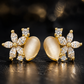 Gold Floral CZ & Champagne Cat’s Eye Stud Earrings for Women