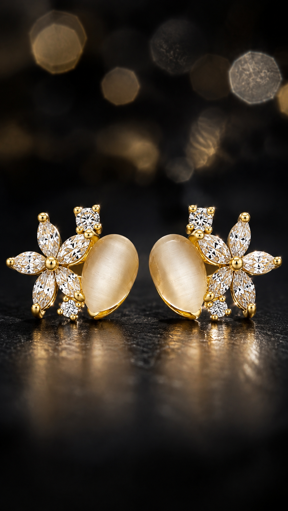 Gold Floral CZ & Champagne Cat’s Eye Stud Earrings for Women