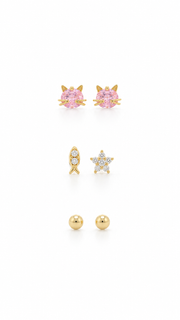 Pink Cat, CZ Star & Ball Stud Earrings Set - Aaryahi Silver jewellery product photo