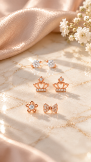 Solitaire, Crown Floral Bow Stud Earrings Set - Aaryahi Silver jewellery product photo