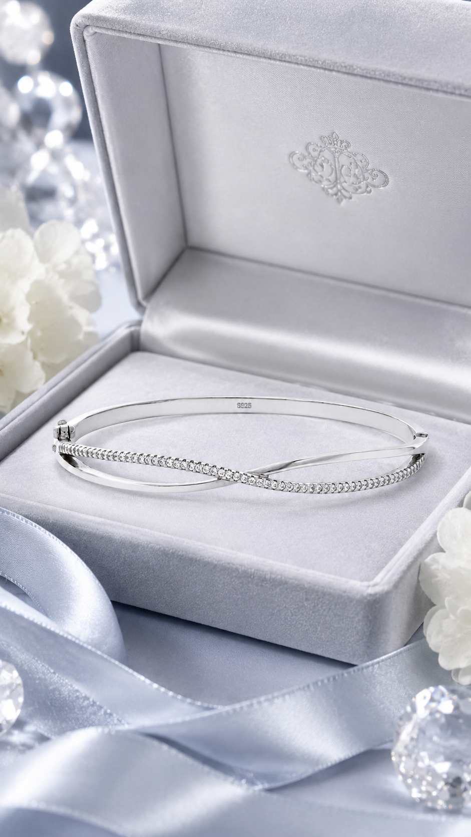 925 Sterling Silver CZ Infinity Crossover Bangle Bracelet for Women