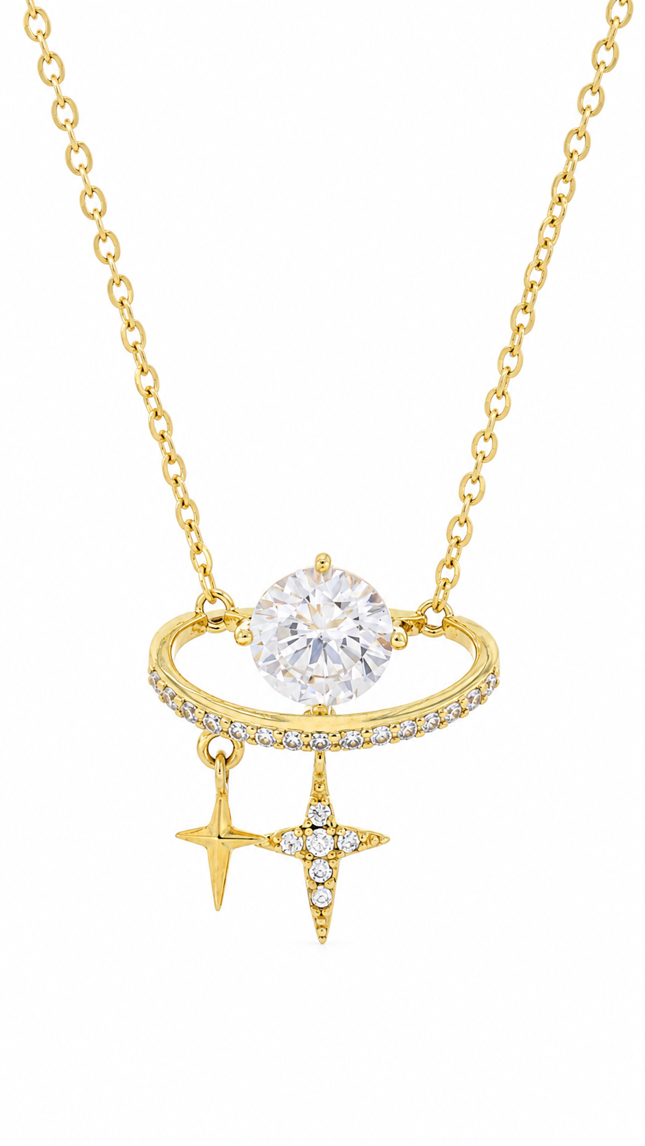 Celestial Planet CZ & Twin Star Gold Pendant Necklace