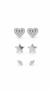 Heart, Star & Solitaire Stud Earrings Set - Aaryahi Silver jewellery product photo