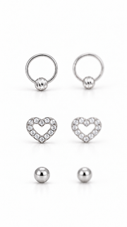 Beaded Hoop, CZ Open Heart & Ball Stud Earrings Set - Aaryahi Silver jewellery product photo