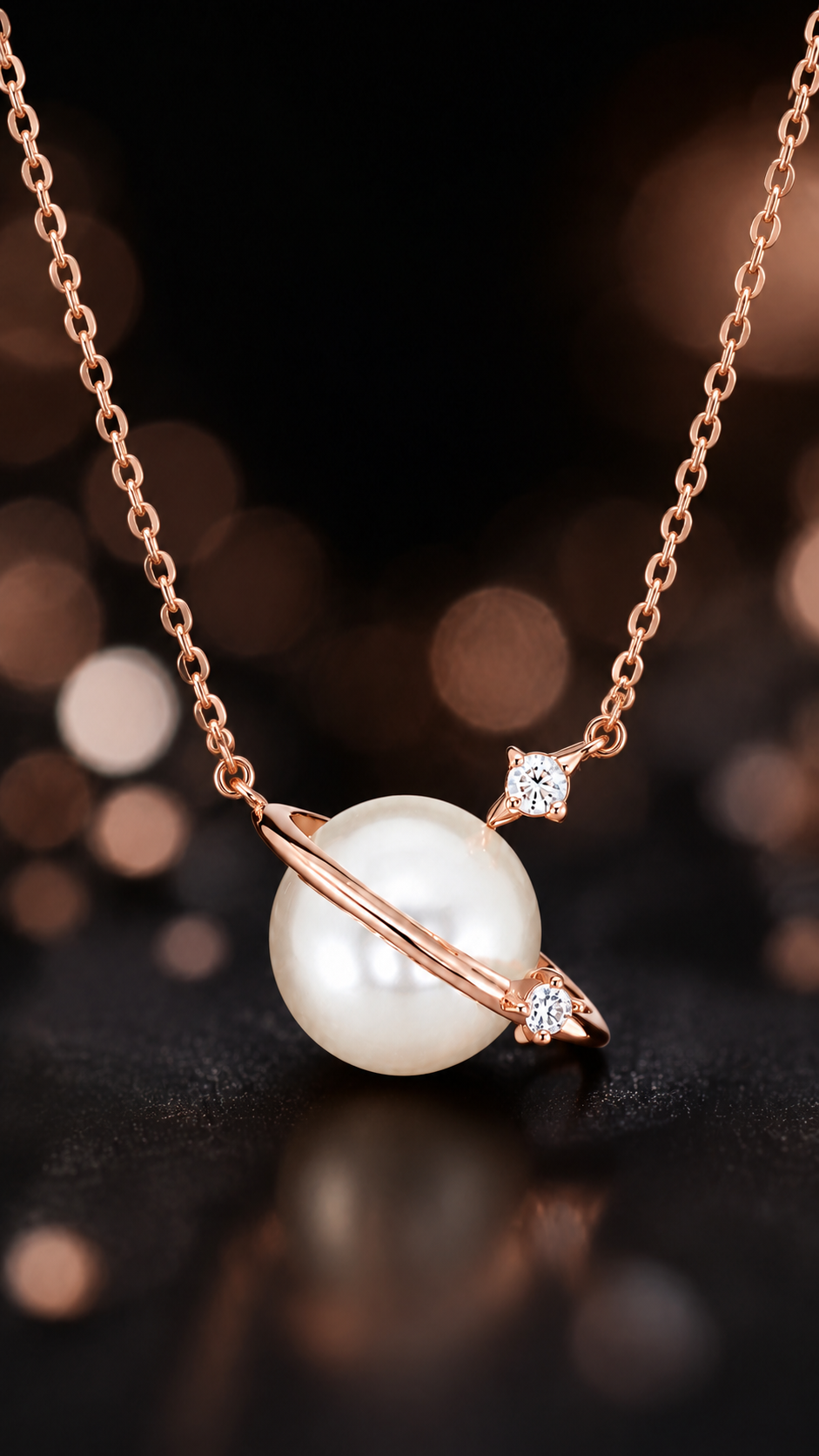 Elegant Rose Gold Pearl Planet Pendant Necklace