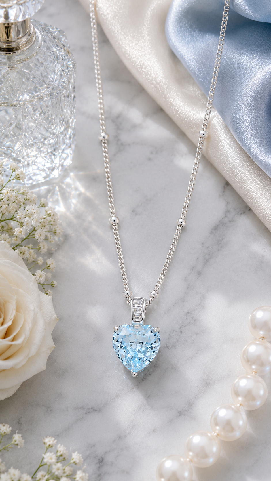Elegant Silver Blue Heart Solitaire Pendant Necklace