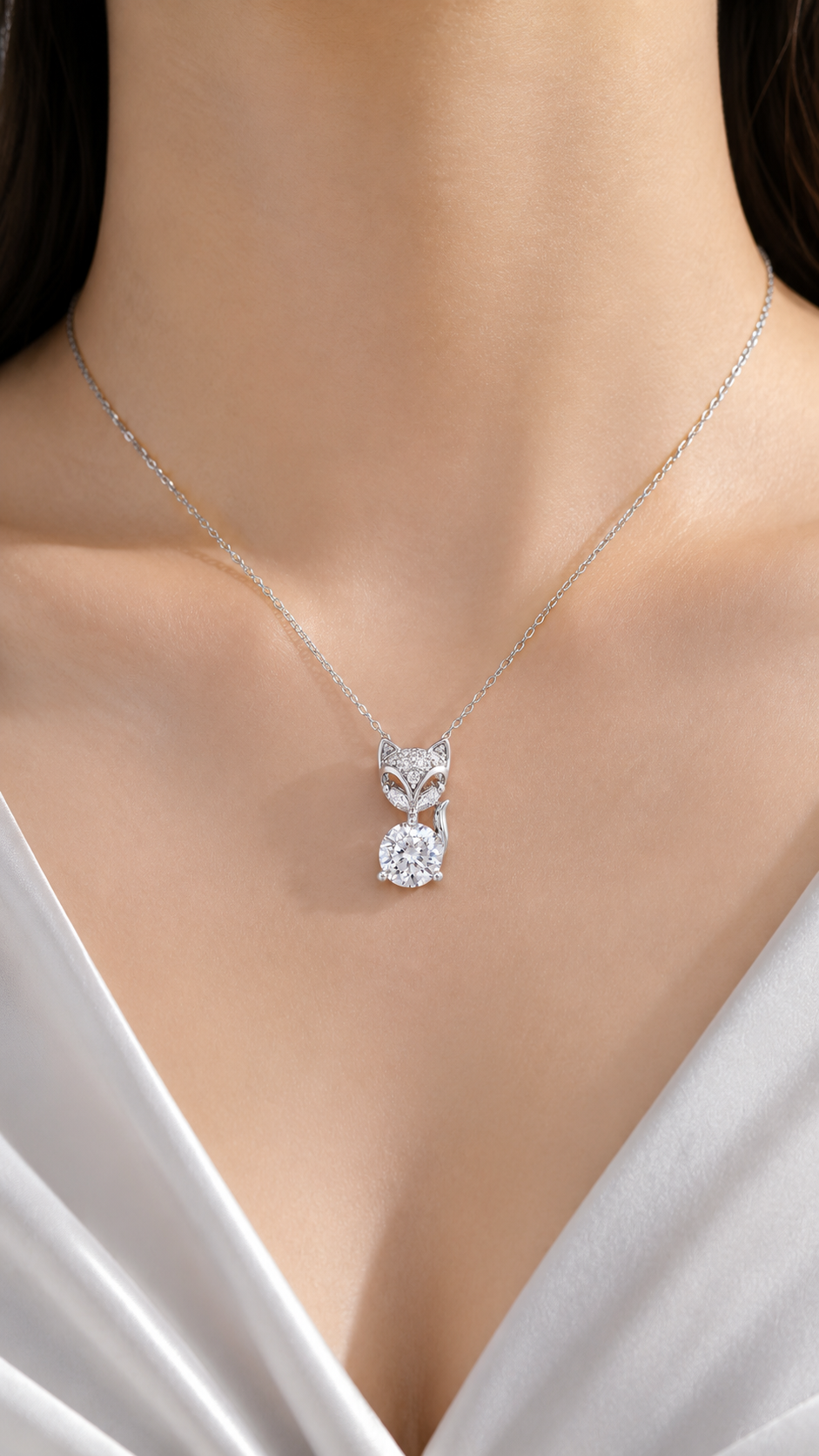 Elegant Silver Fox CZ Solitaire Pendant Necklace