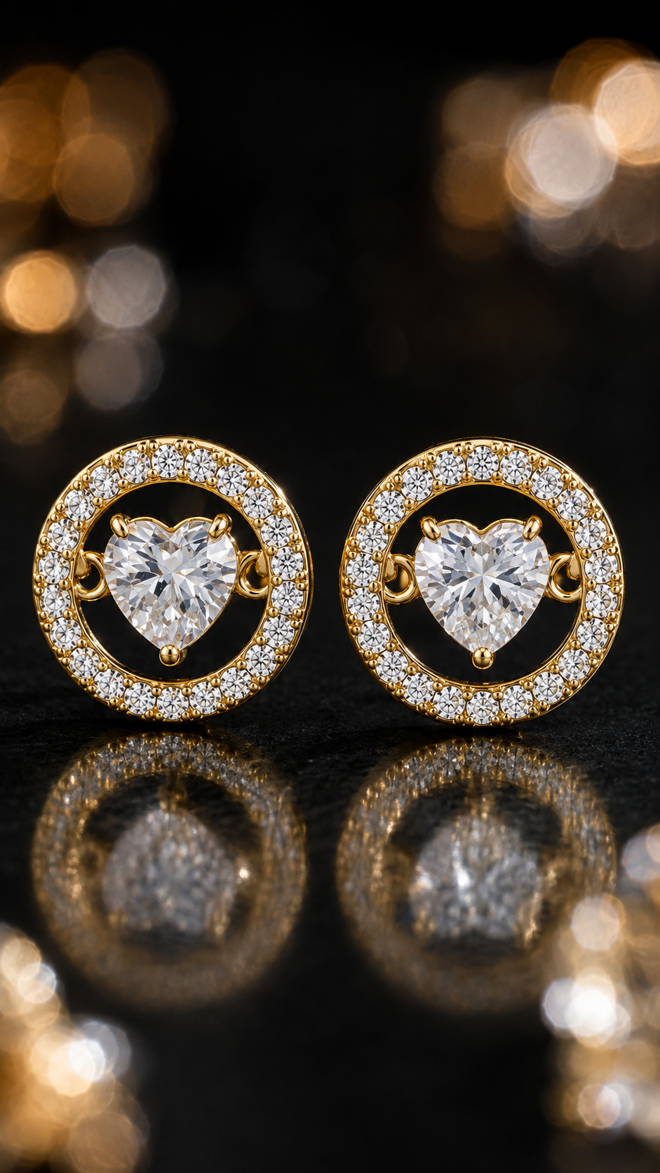 Elegant Gold Open Circle Heart Crystal Halo Stud Earrings