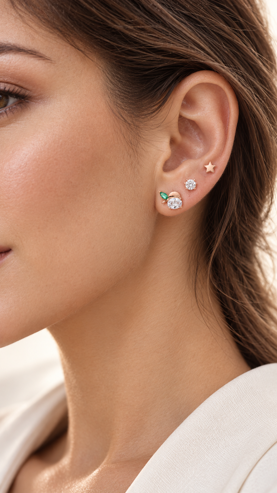 Green Leaf, Solitaire & Star Stud Earrings Set - Aaryahi Silver jewellery product photo