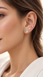 Green Leaf, Solitaire & Star Stud Earrings Set - Aaryahi Silver jewellery product photo