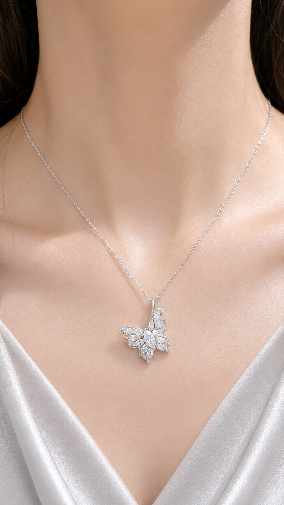 Elegant Silver Butterfly Marquise CZ Pendant Necklace