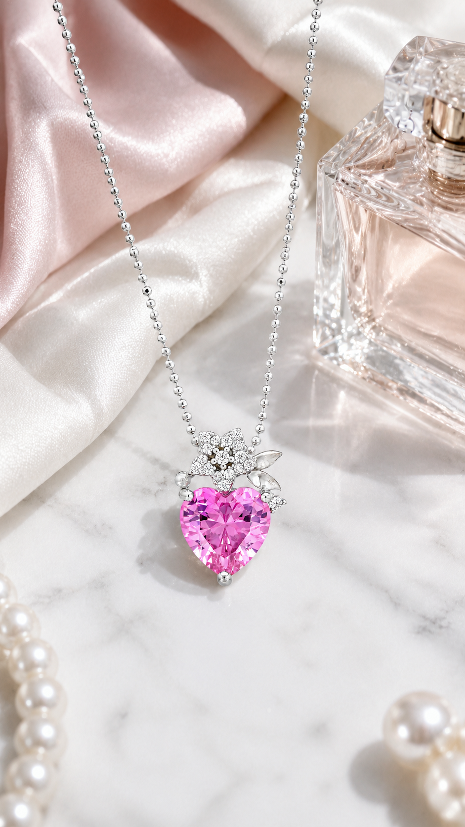Elegant Silver Pink Heart Floral Pendant Necklace