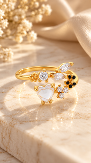 Gold Mother of Pearl Heart Floral Adjustable Ring