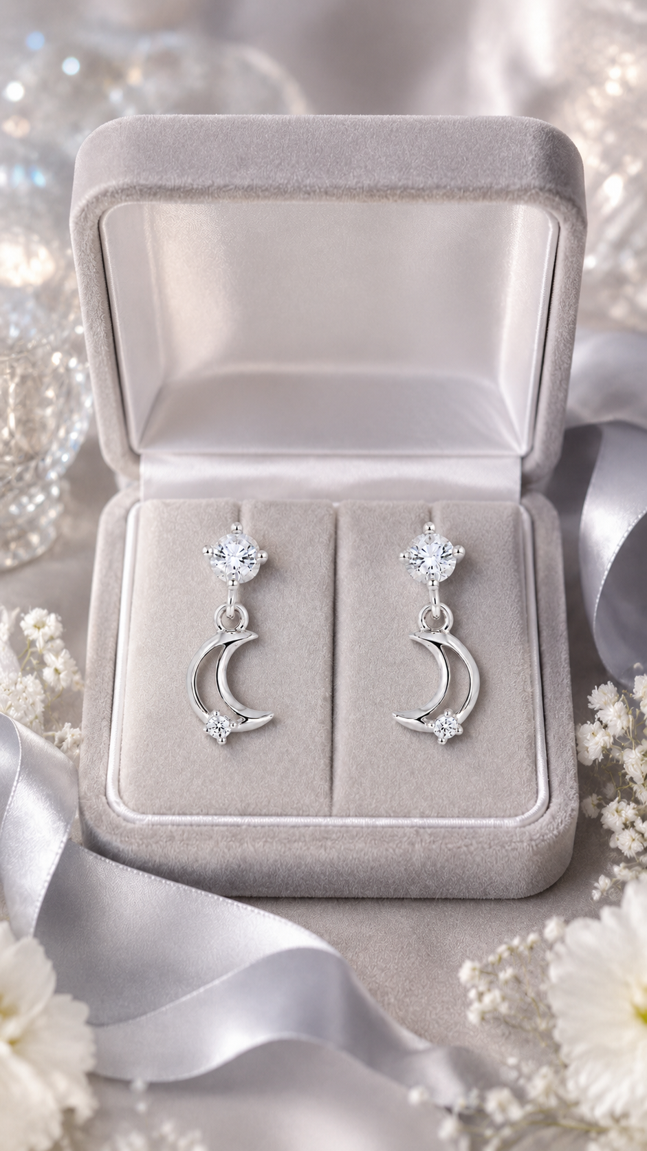 Silver Crescent Moon CZ Drop Earrings