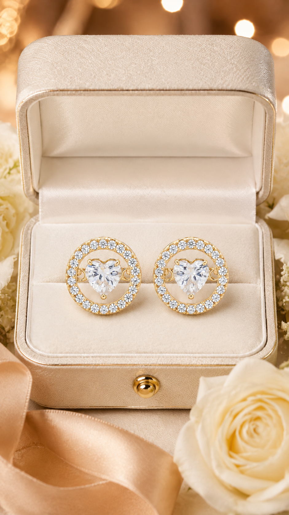 Elegant Gold Open Circle Heart Crystal Halo Stud Earrings