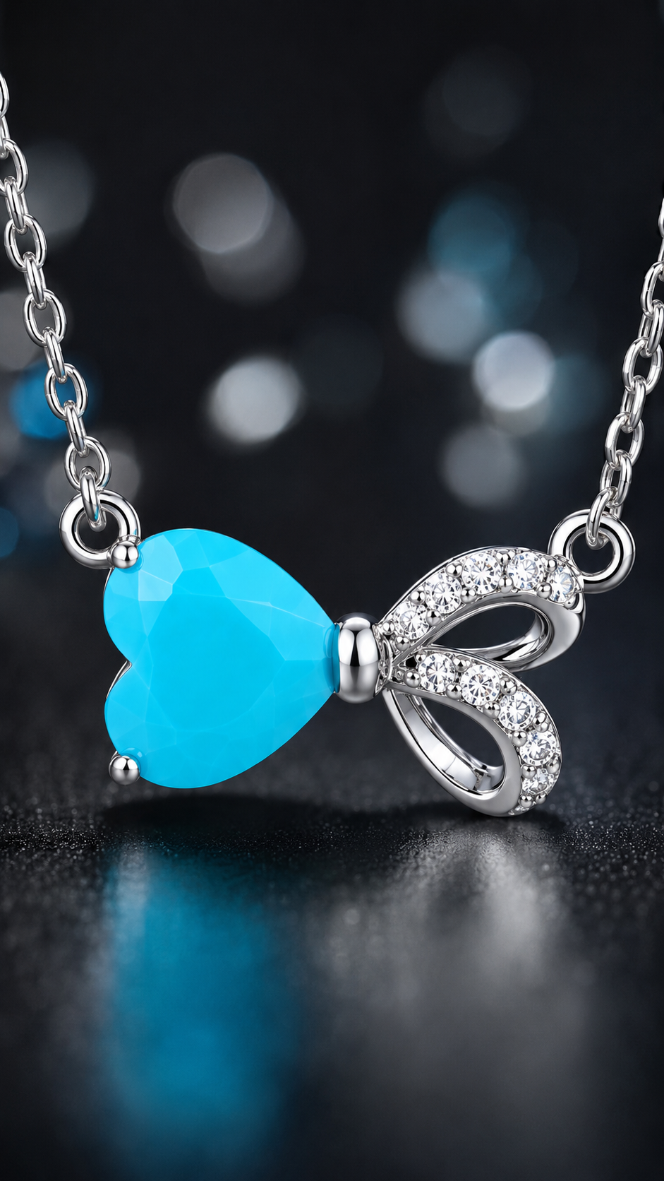 Elegant Silver Blue Heart Bow Pendant Necklace